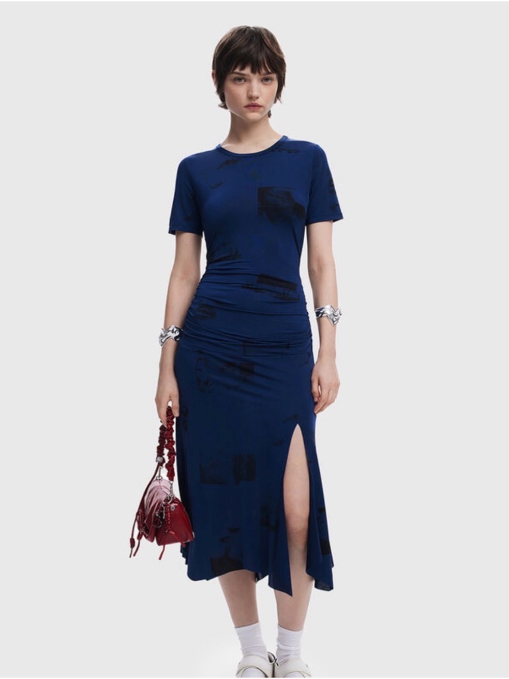 Desigual Navy Blue Short-Sleeve Midi Dress with Side Slit